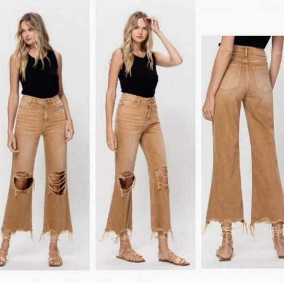 Vervet Leslie 90s Vintage Flare Distressed Cotton Jean Khaki Tan NEW - Picture 1 of 7